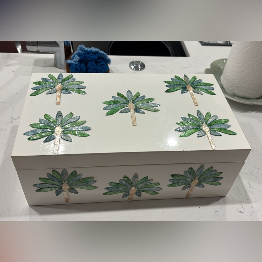 Decorative Palm Tree Jewelry or Trinket Box - Green & Blue Palm Motif
